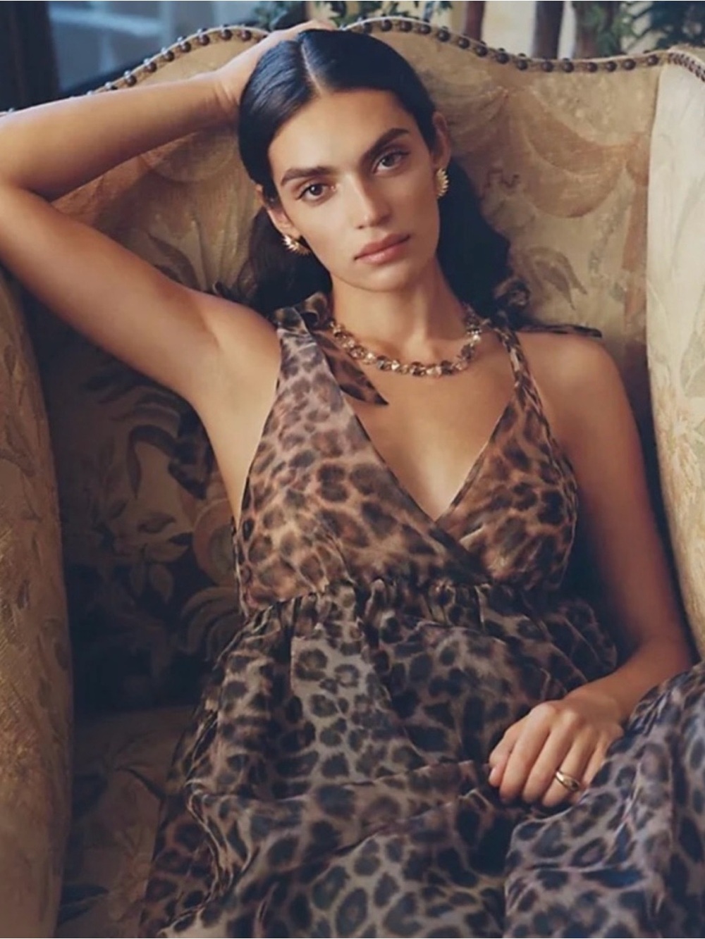 Anthropologie Daniel Rainn Leopard Print V-Neck Organza Midi Dress Medium